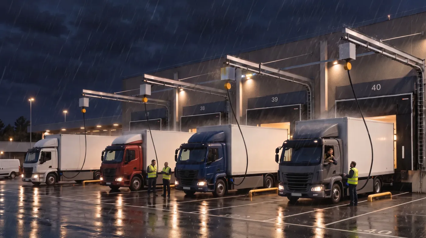 Abend im Nieselregen: Vier E-Lkw stehen an den Laderampen eines Lagers, von Auslegern an der Hallenwand hängt je ein Ladekabel zum Ladeanschluss hinter dem Vorderrad. Ein Fahrer lehnt aus dem Fenster und spricht mit einem Mitarbeiter in Warnweste.