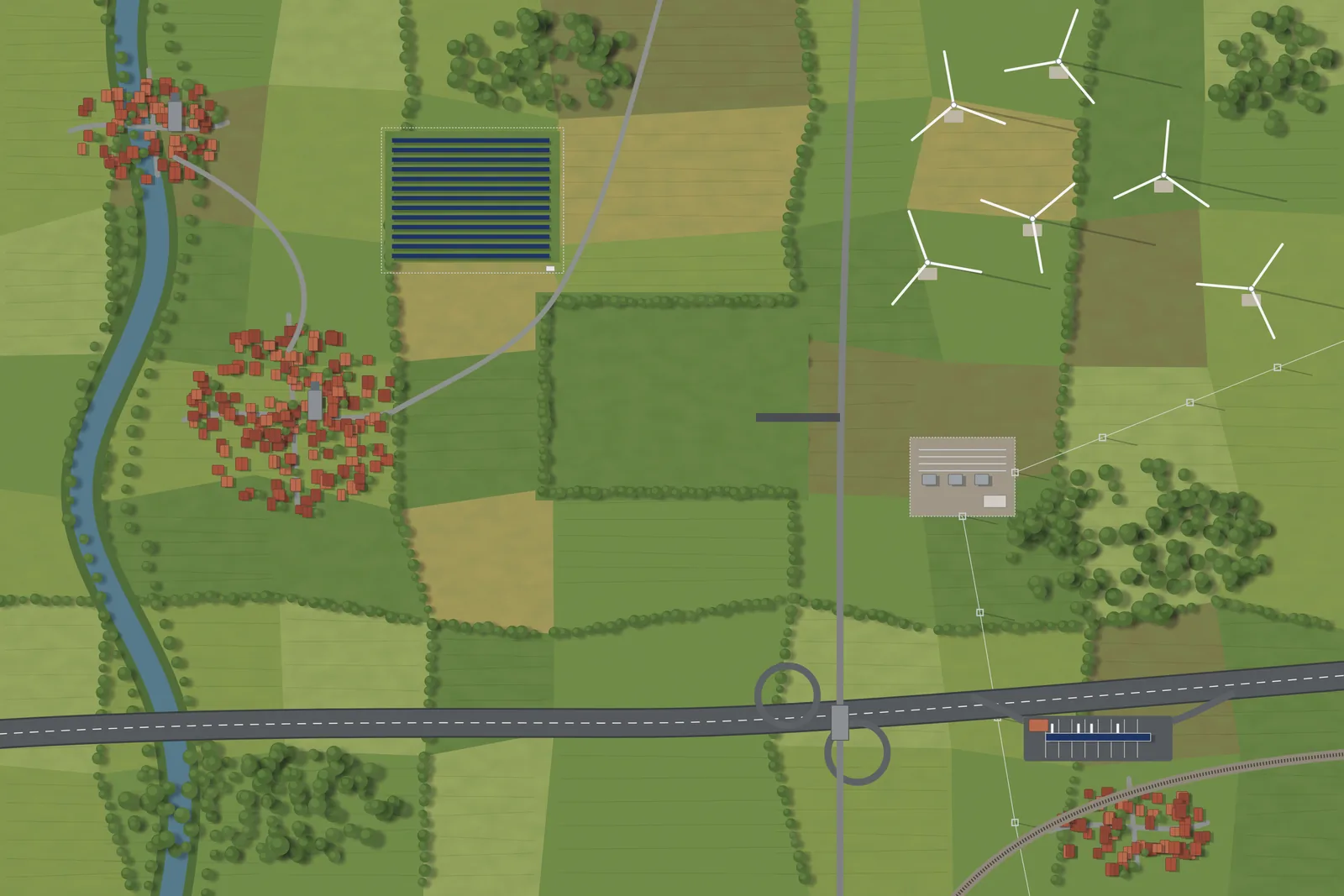 Gezeichnete Karte einer ländlichen Region mit Logistikstandort, Solarpark, Windpark, Umspannwerk und Autobahn